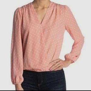 Elodie Women's Pink V-neck Heart Print Stretch Long Sleeve Blouse